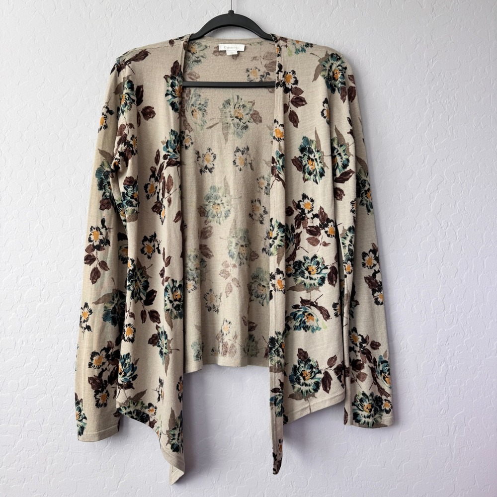 Garnet Hill Floral Print 100% Merino Wool Cardigan Sweater Beige Small